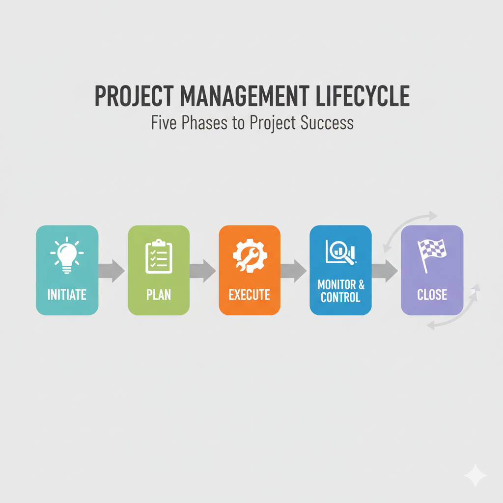 The five project lifecycle phases: Initiation, Planning, Execution, Monitoring and Controlling, and Closing, shown as a flowing progression with M&C running in parallel throughout.